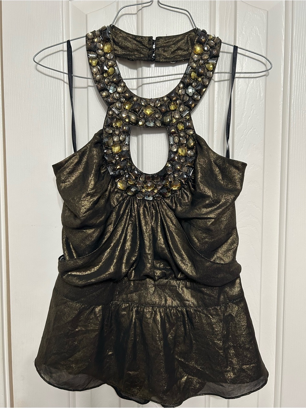 bebe Metallic Black Jeweled Halter Dress